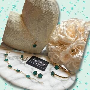 5-Piece Green and Gold Floral Clover Jewelry Set
